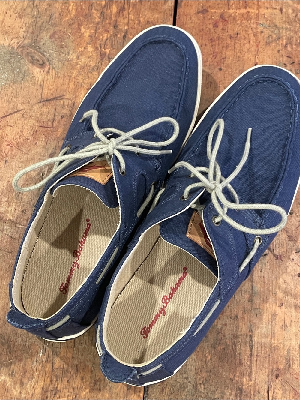 Tommy Bahama Navy Canvas Boat Shoes with Tan Laces